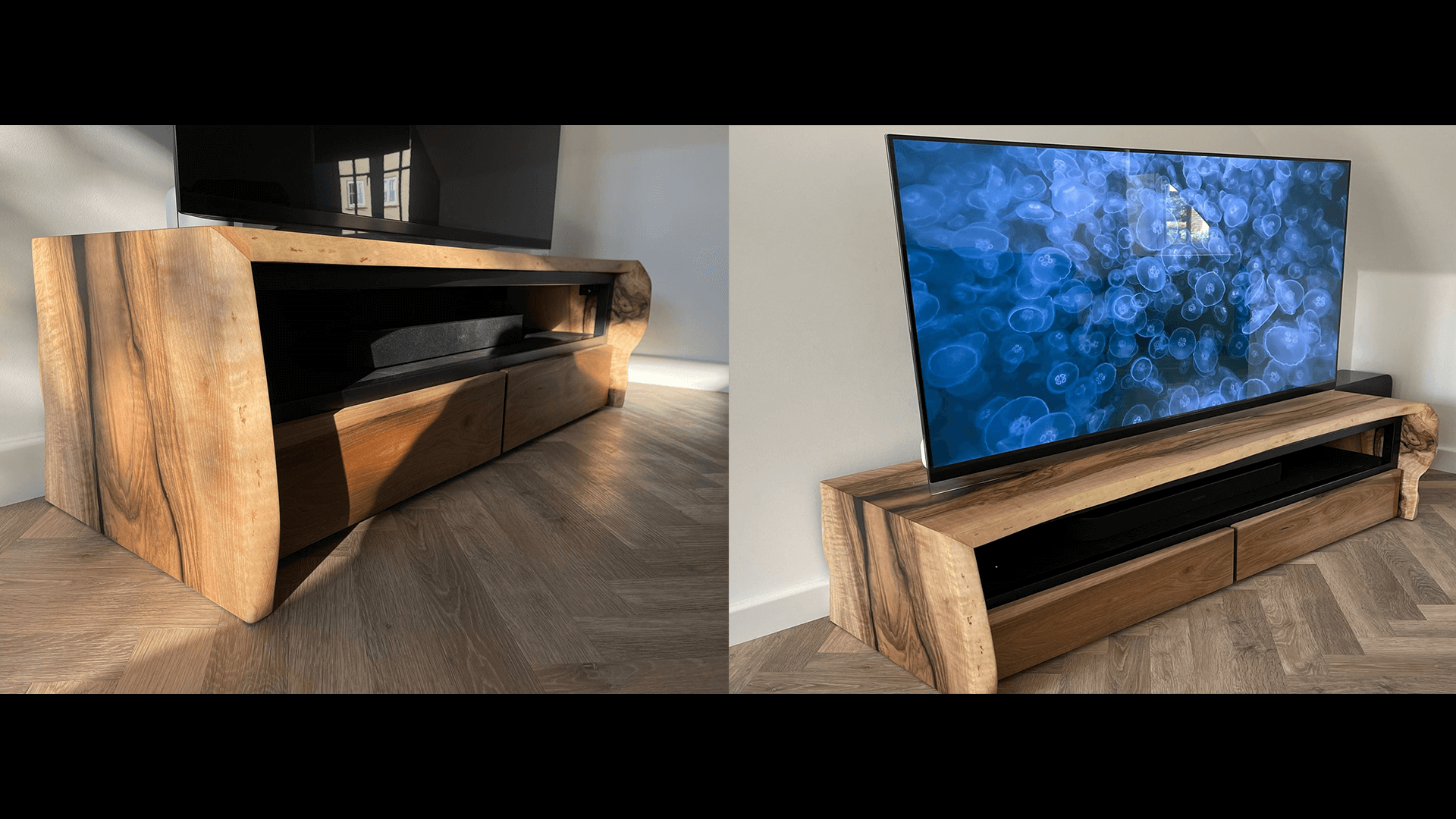 TV stand made of walnut with two drawers, completely designed by us to meet the customer's needs.