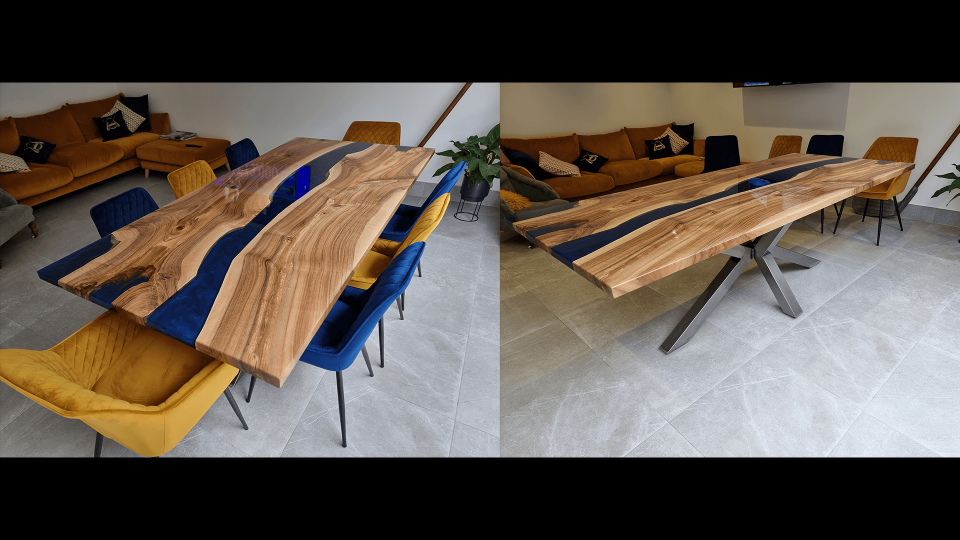 8-seater table made of walnut with blue and transparent resin on star-style legs.