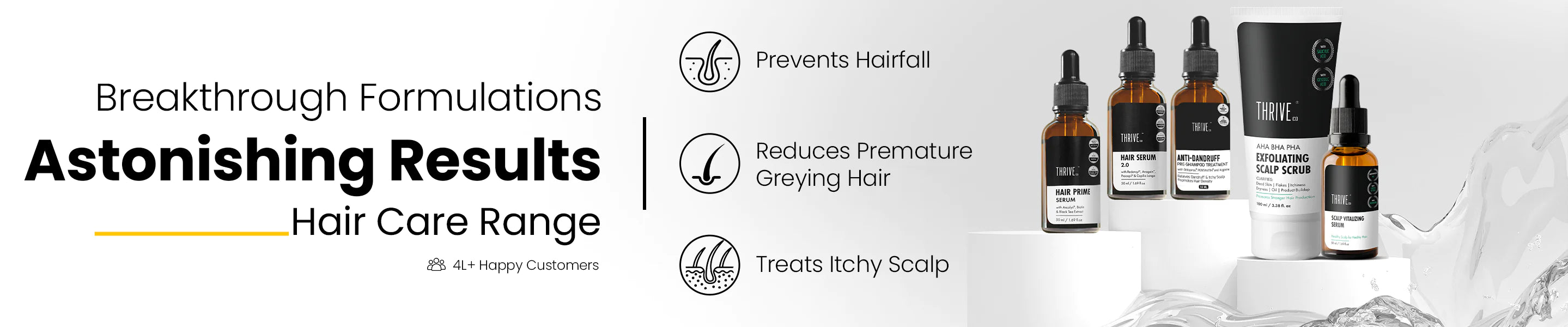 range of hair care products for hairfall, premature grey hair, and itchy scalp