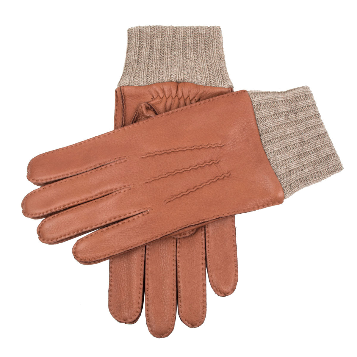 Men's handsewn cashmere-lined deerskin leather gloves with knitted cashmere cuffs in havana/beige