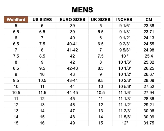 Wohlford Men's Sizing Chart