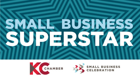 Small business superstar on blue star background + KC Chamber logos