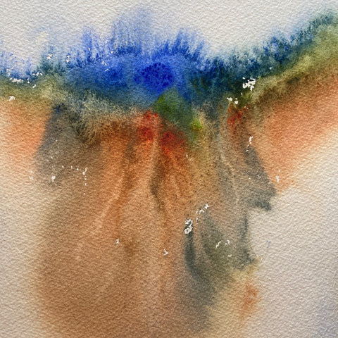 watercolor abstract landscape in blue, orange, and green