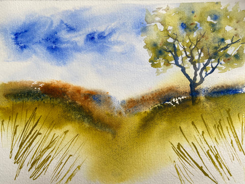 watercolor art spring landscape with tree