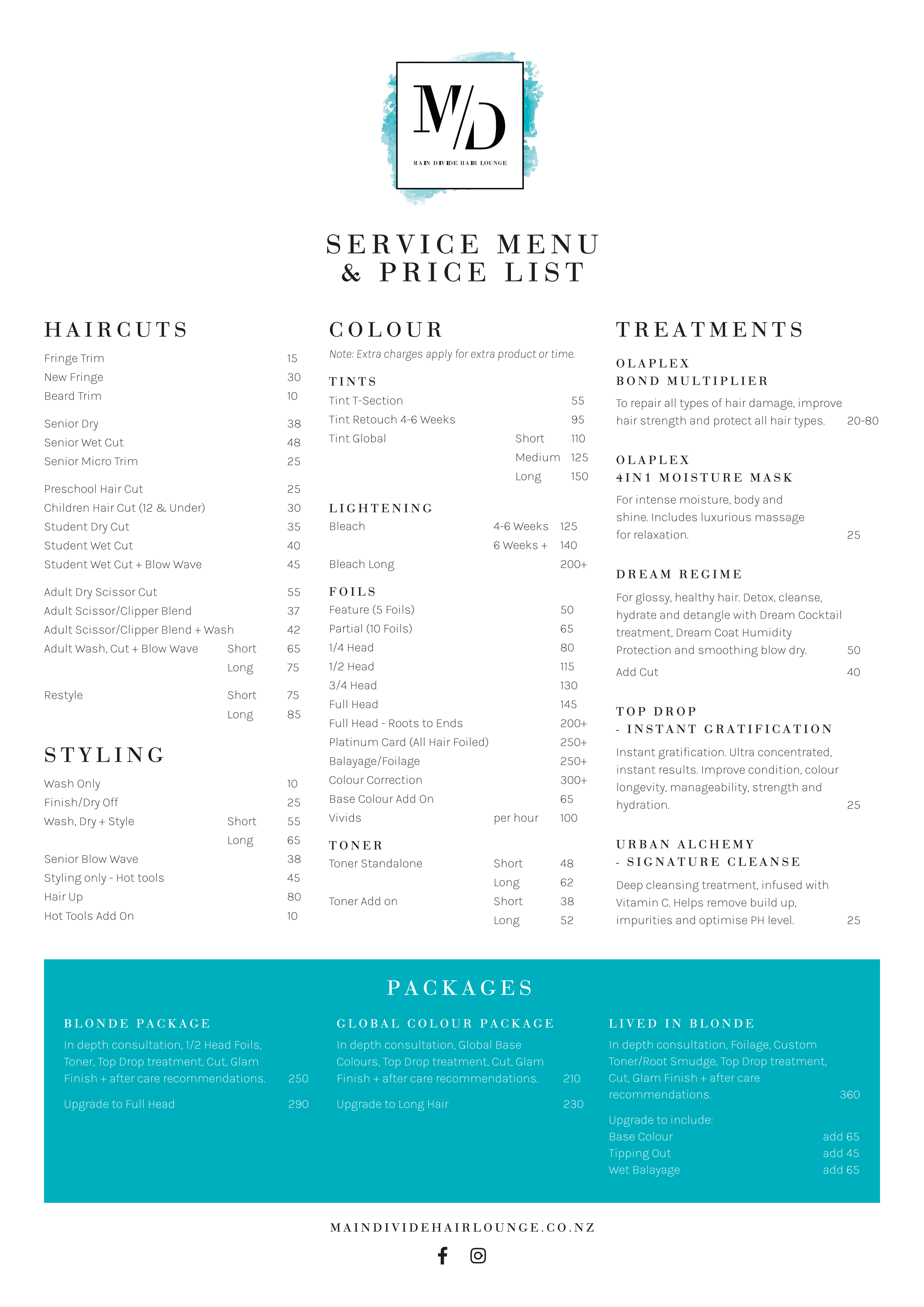 Main Divide Service Menu & Price List