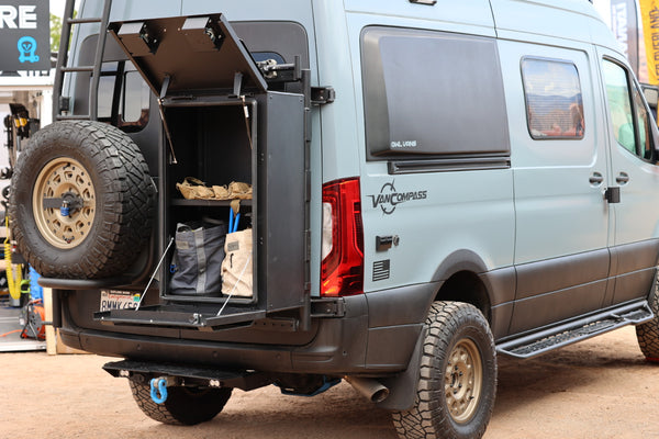 The Owl Van’s Monter XL Cargo box is mounted on a B2 Rack on the back of a Mercedes Revel Adventure Van.