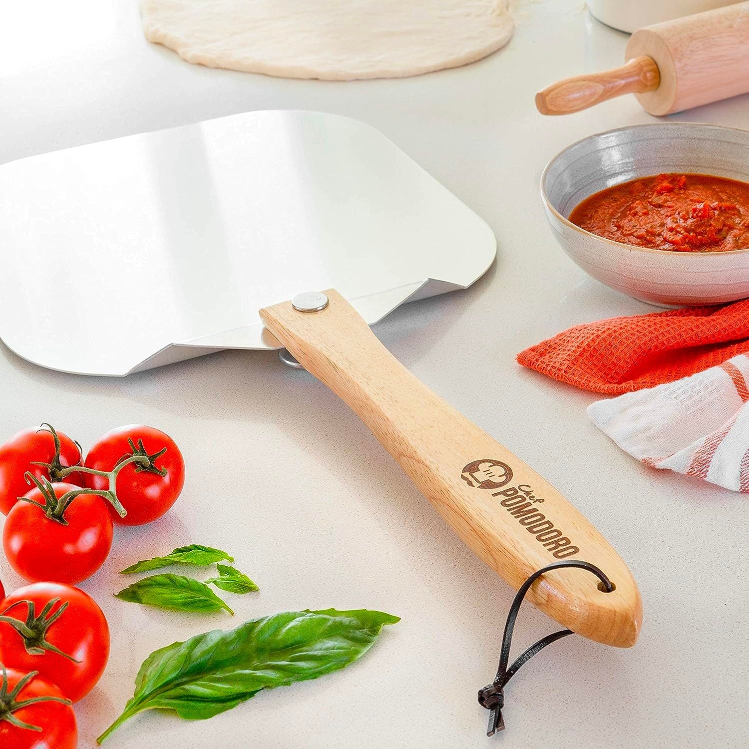Aluminum Turning Pizza Peel Paddle, 9 inch Diameter Blade, Long 31.5 Handle with Leather Strap - Outdoor Pizza Oven Accessories