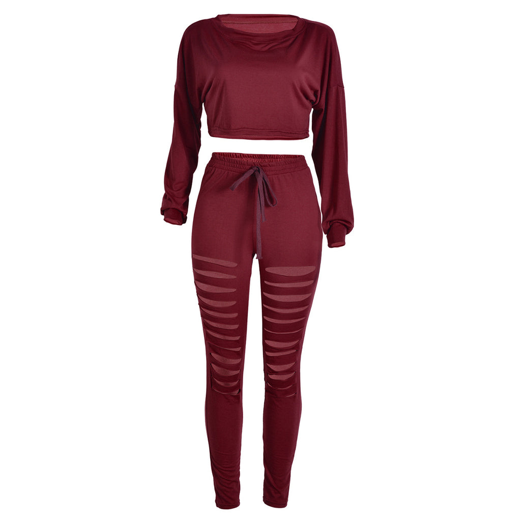 Buy Casual Long Sleeve Hollow Out Bandage Suit Set Crop Tops Cut Out ...