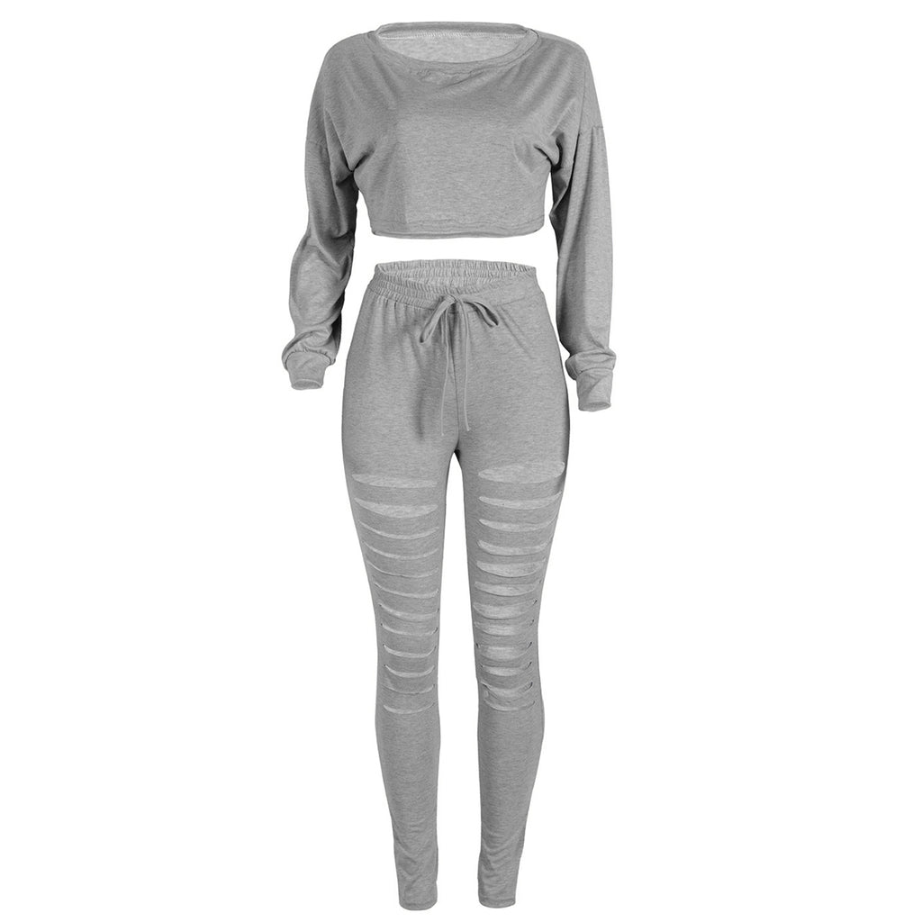 Buy Casual Long Sleeve Hollow Out Bandage Suit Set Crop Tops Cut Out ...