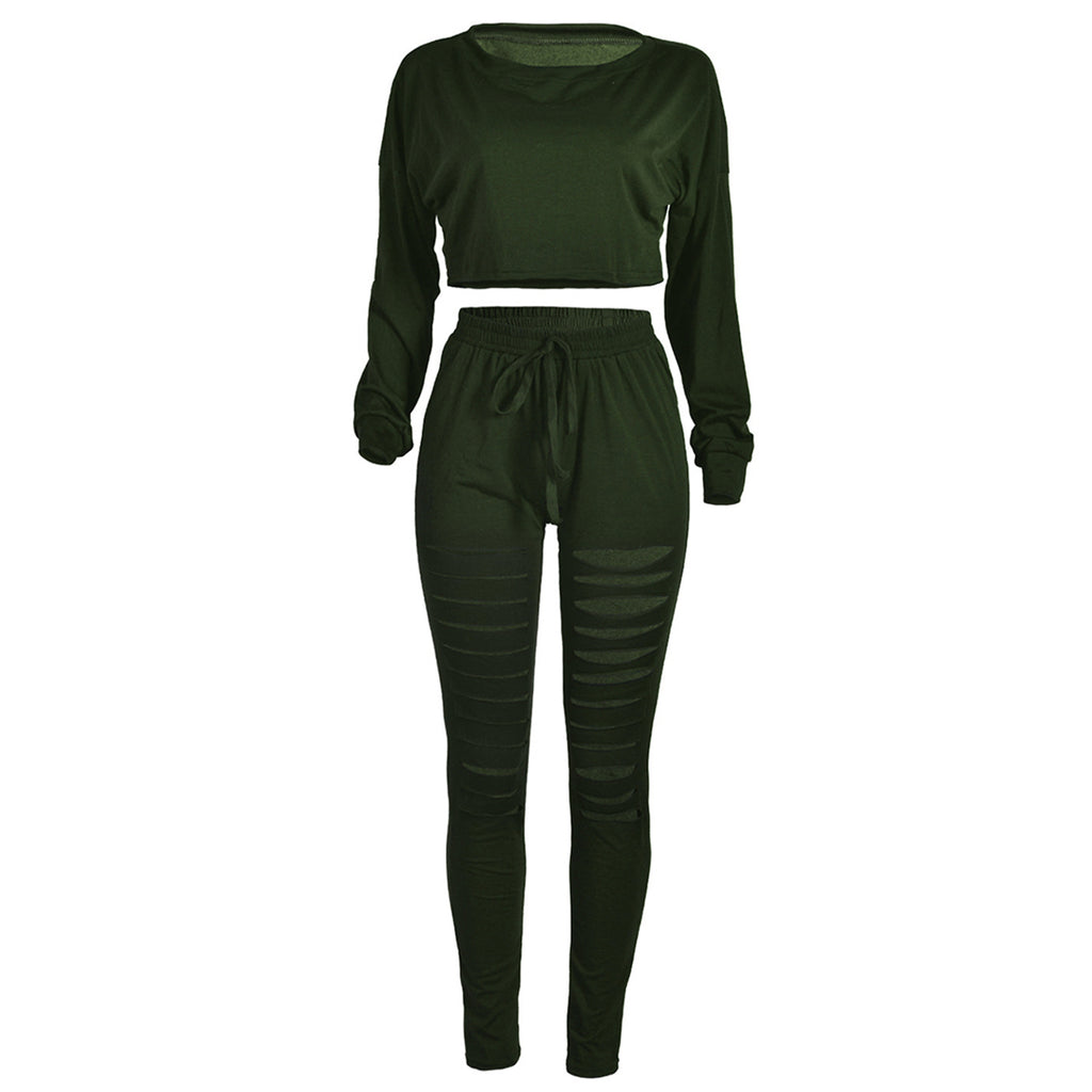 Buy Casual Long Sleeve Hollow Out Bandage Suit Set Crop Tops Cut Out ...