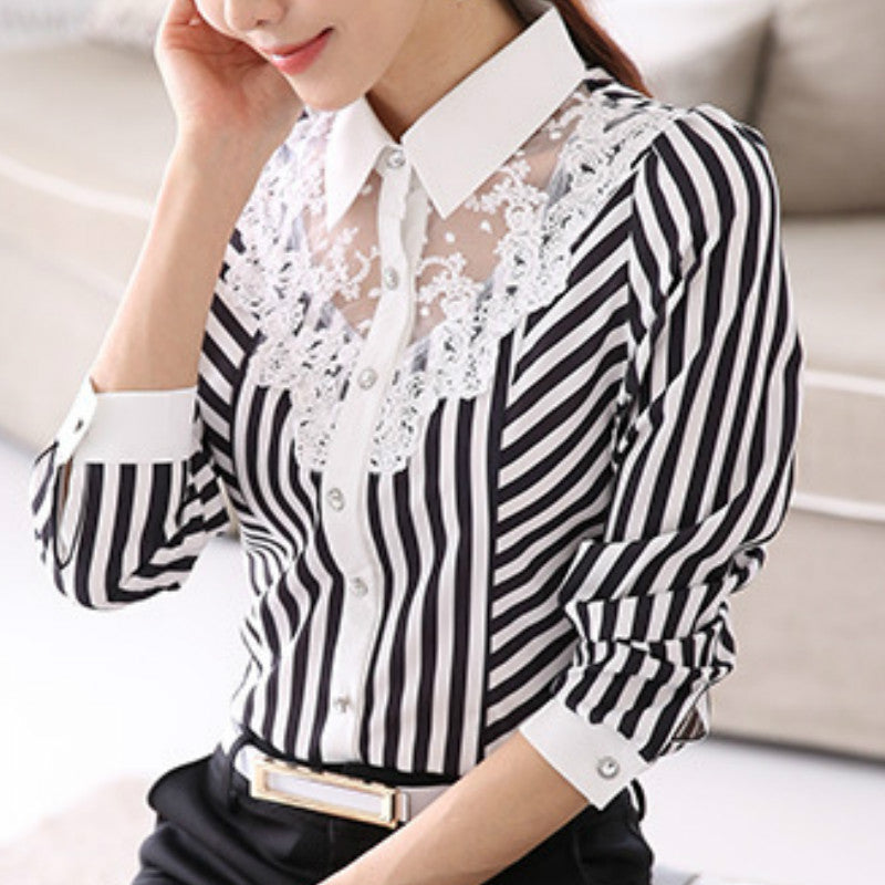 Casual Long Sleeve Striped Lace Office Lady Blouse