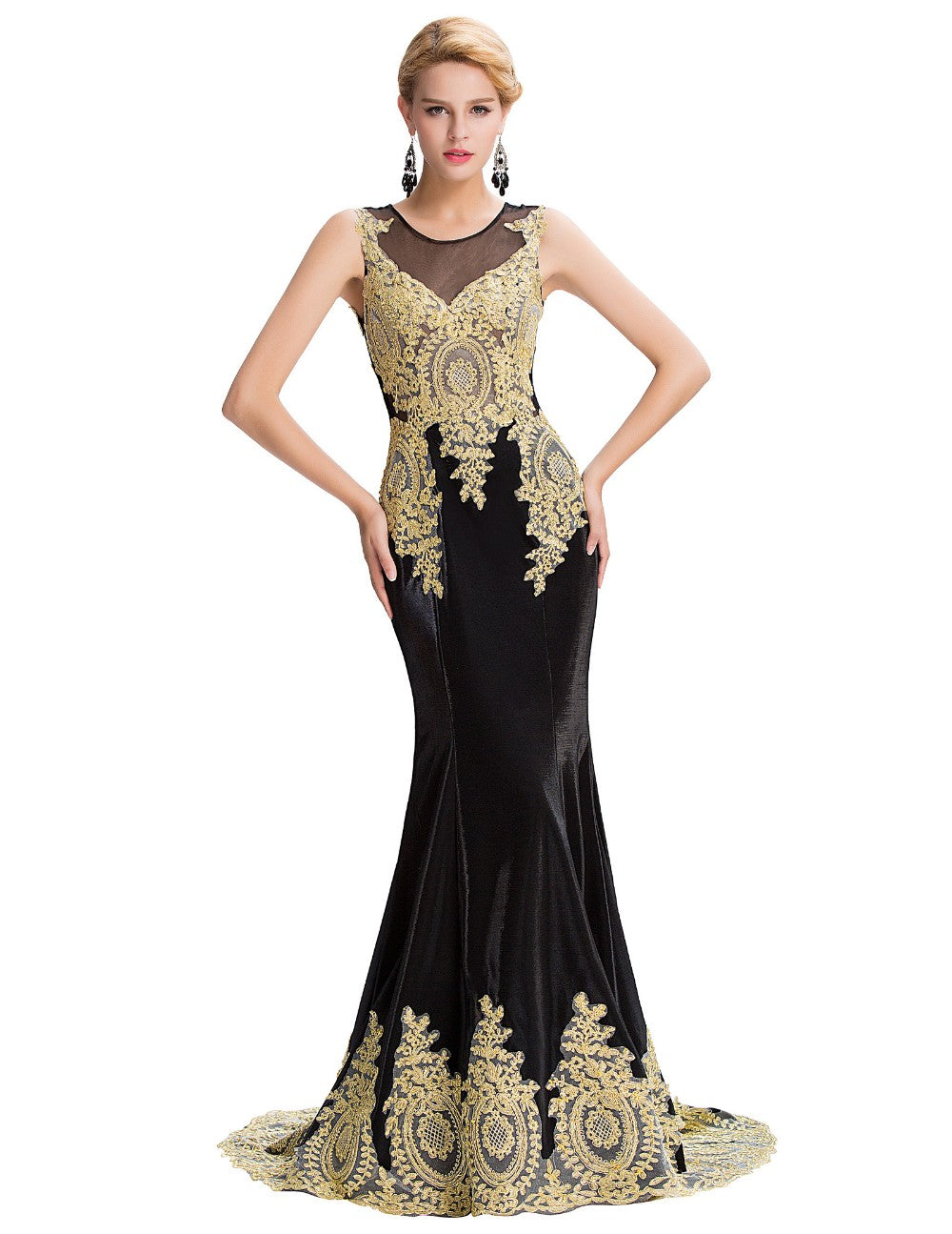 Buy Gorgeous Gold Embroidery Lace Patterns Formal Mermaid Evening Gown ...