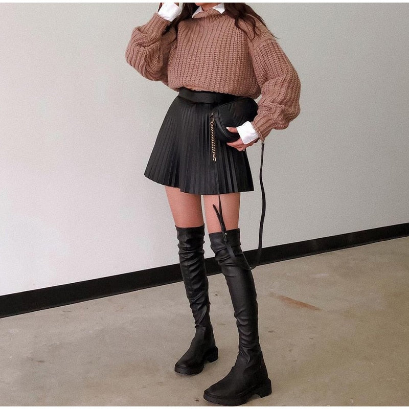 pleated mini skirt thigh high boots