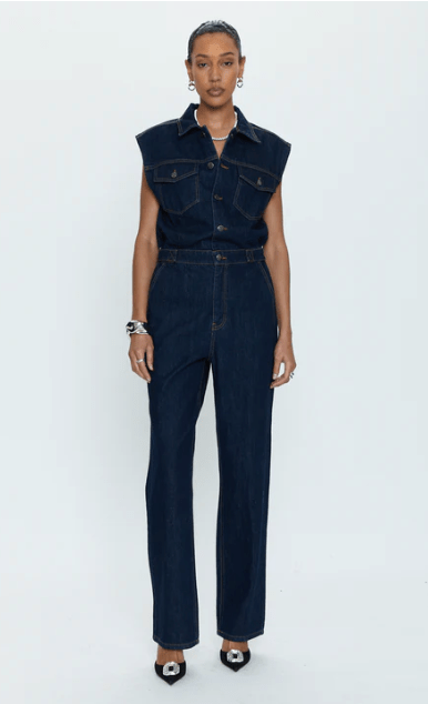Straight denim jumpsuit with topstitching - Oyster White