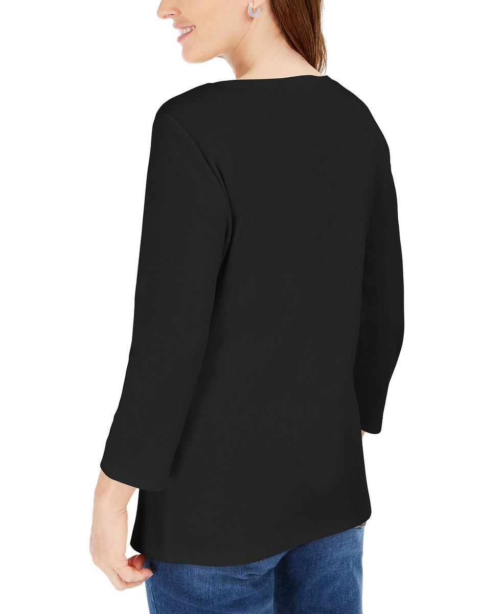 Karen Scott 3/4-Sleeve Henley Shirt Black – Strangerinks