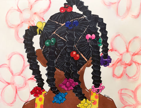 The back of the head of a little Black girl wearing 5 braids adorned with knockers and barrettes 