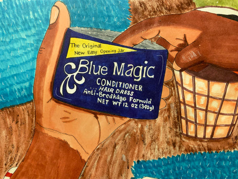 Black hand dipping into blue magic hair grease 