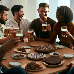 a group of people drinking beer and eating chocolate