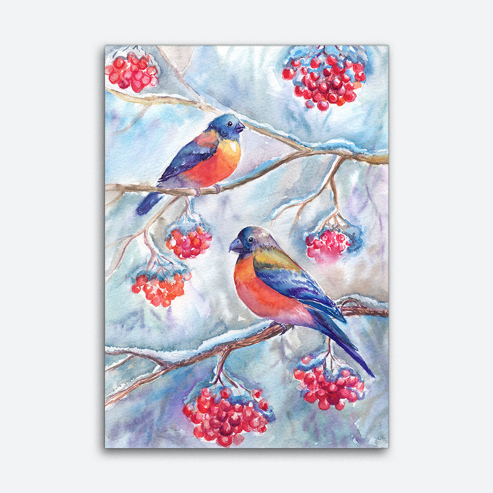 Watercolor Bullfinches Flower Canvas Wall Art