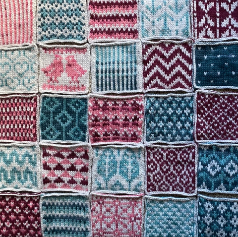 a variety of stranded colorwork, handknit blanket squares, knit using Frostad Bulky yarn base in a variety of colors