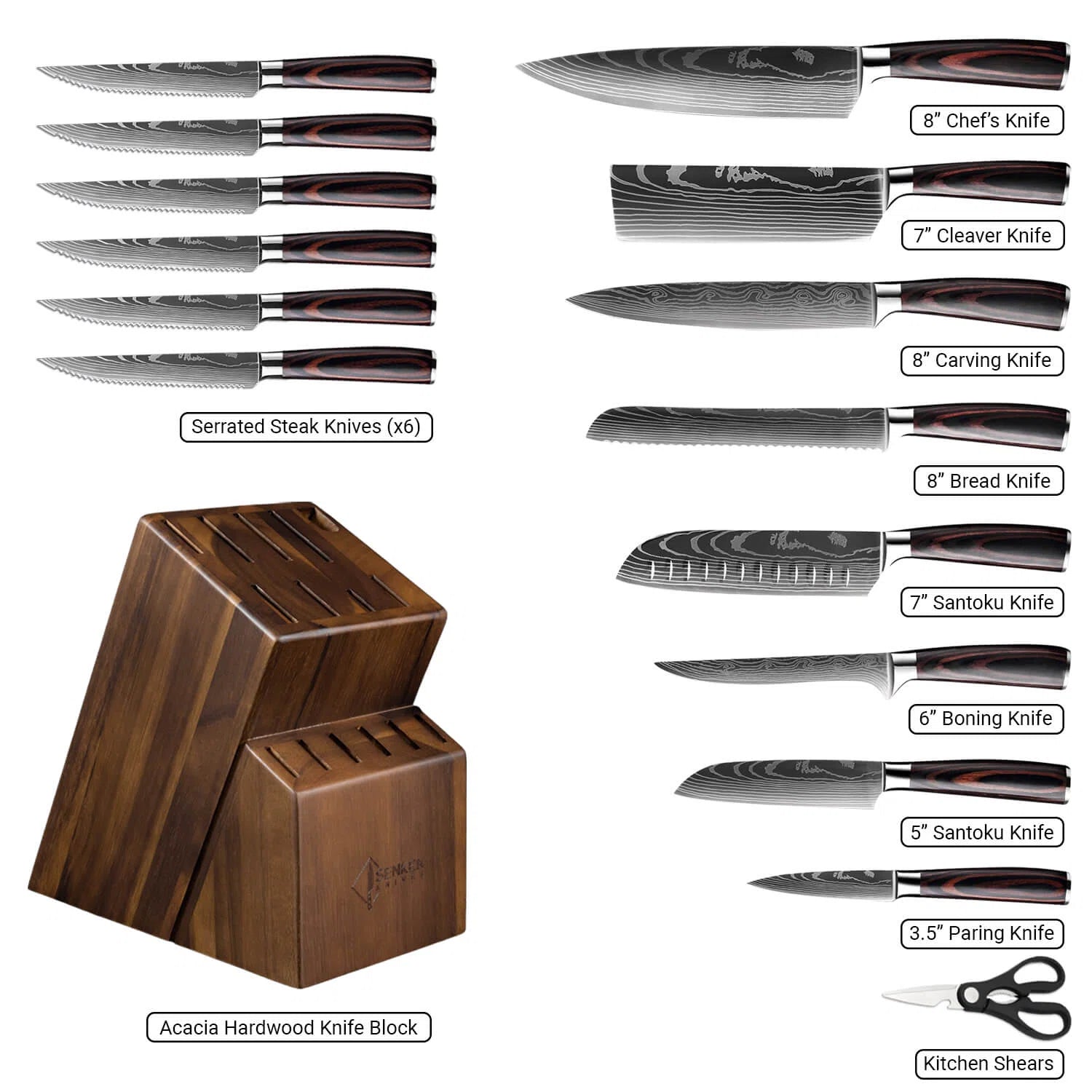 16 Pieces Japanese Style Kitchen Knives - Stainless Steel Blades Chef knives Set