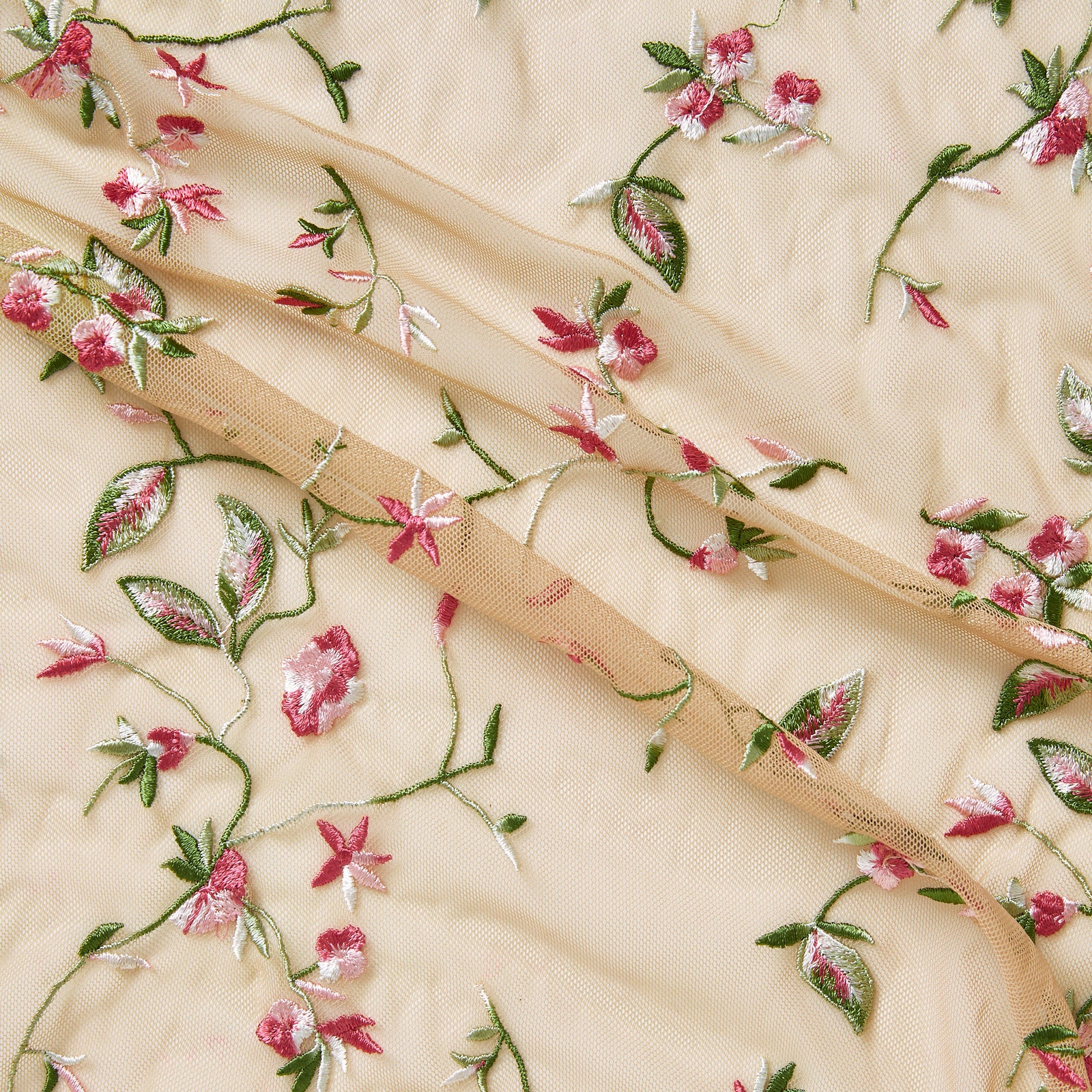 Colorful Vine Floral Ivory Mesh Embroidery Fabric - OneYard