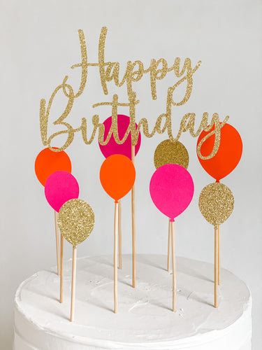 Rose Gold Glitter Script Happy Birthday Balloon Cake Topper Set