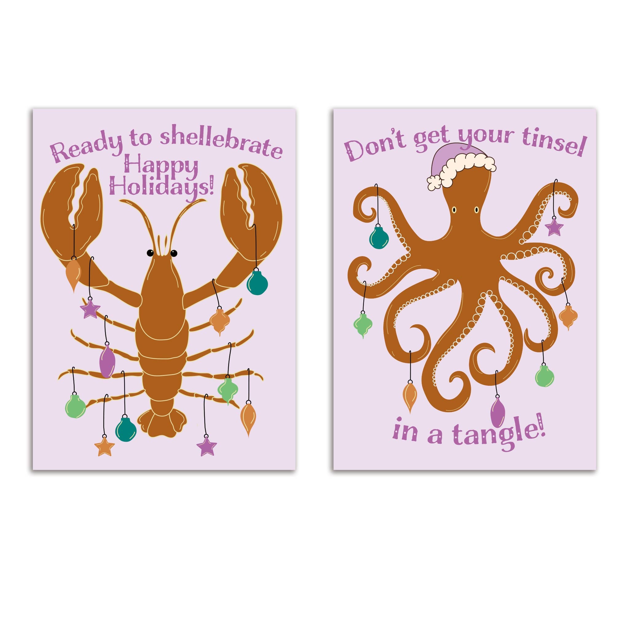 24 Lobster and Octopus with Ornaments Christmas Cards in 2 Colorful Funny Designs with Envelopes