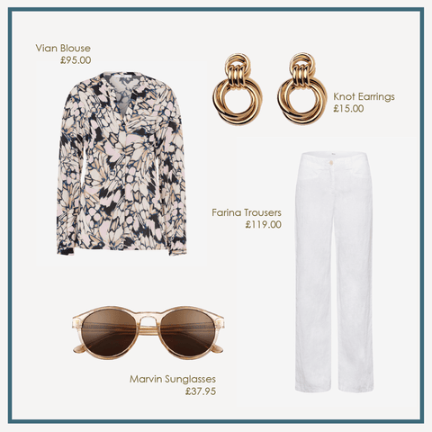 styling linen trousers in a flat lay with a patterened shirt, gold earrings and sunglasses