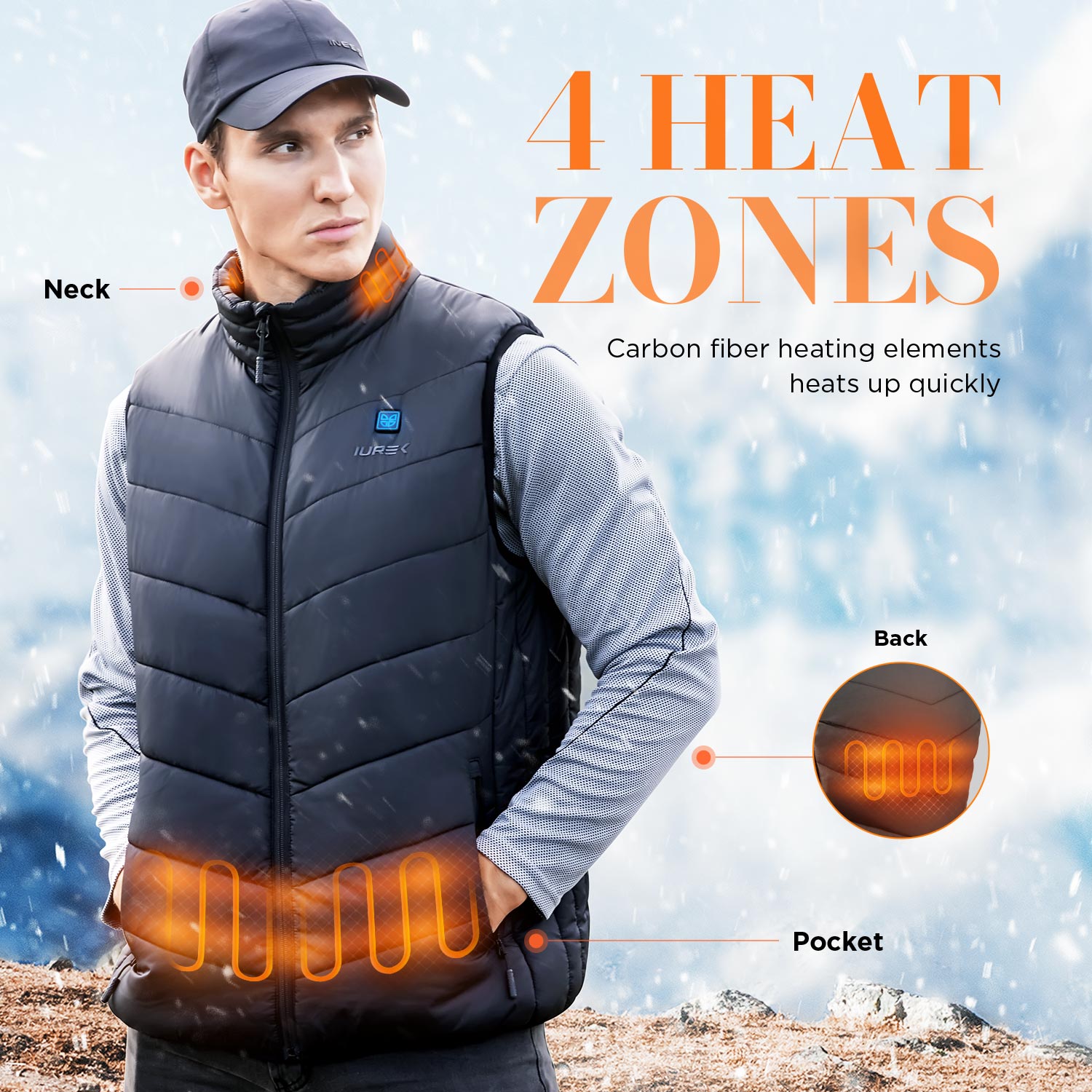 IUREK Men Outdoor Usb Heated Vest One Button Control 3 Heating Levels