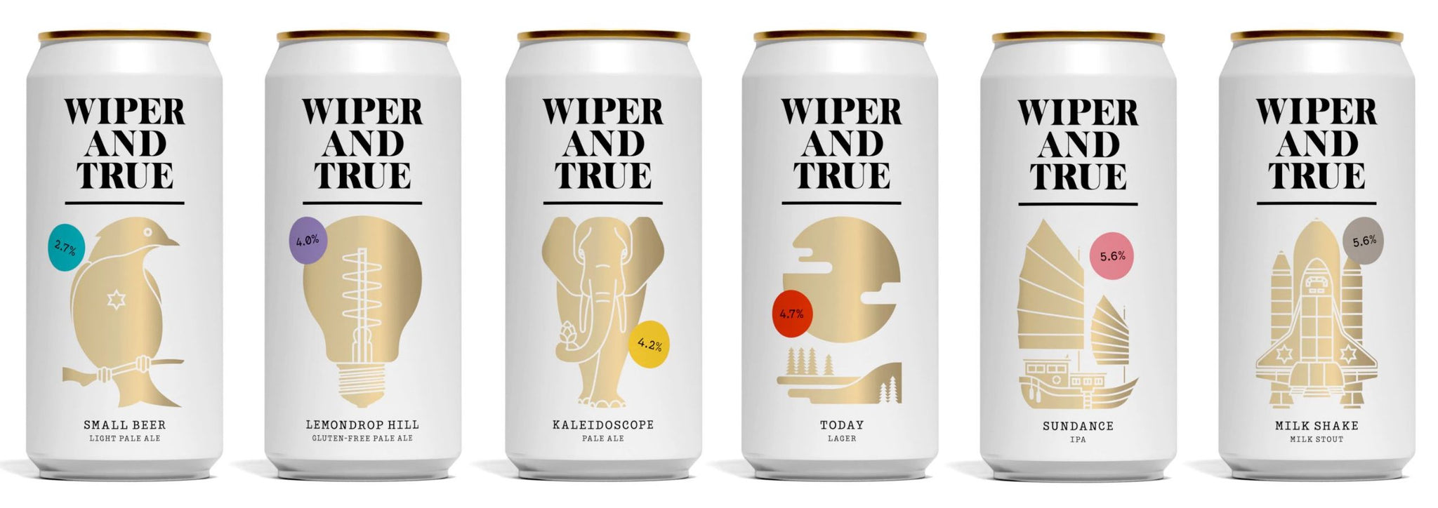 Wiper and True's Six Core Range Beer Cans, against a white background