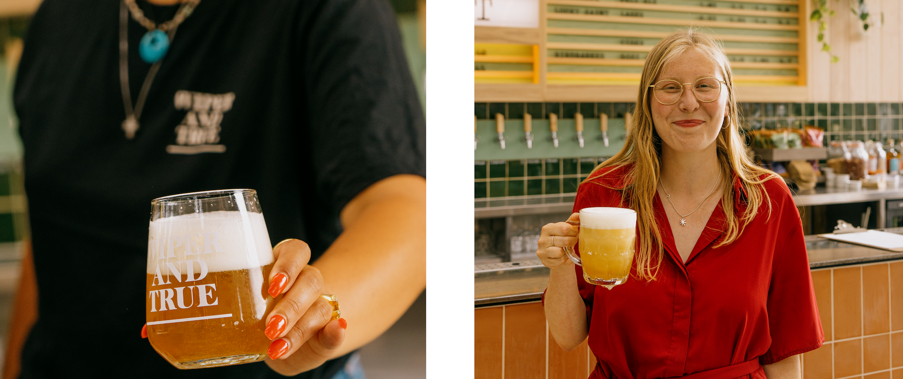 A woman with orange nails holding a pint, and a female holding a pint. 