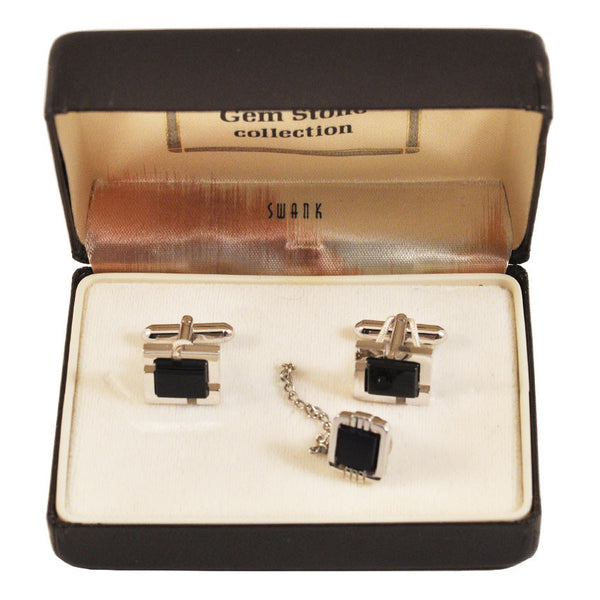 Vintage Swank Black & Silver Boxed Cuff Link & Tie Tack Set, The Hour