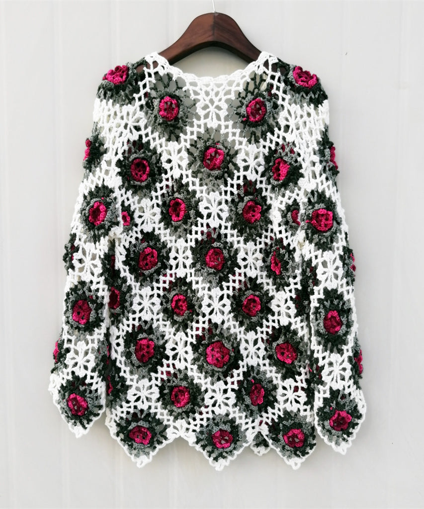 Granny Square Crochet Flower Sweater Top Multicolored Long Sleeve Wome ...