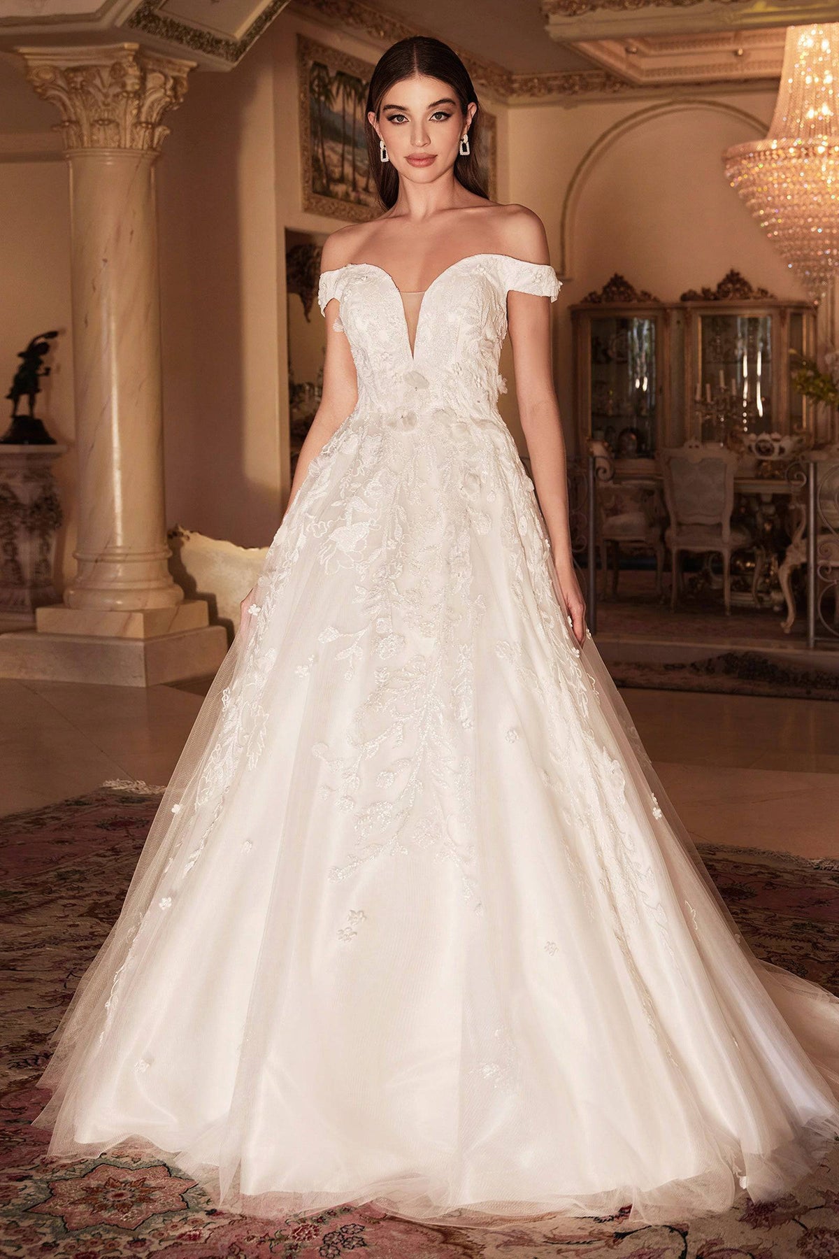 Luxe A1028W French White Layered Wedding Gown with Lace Embroidery