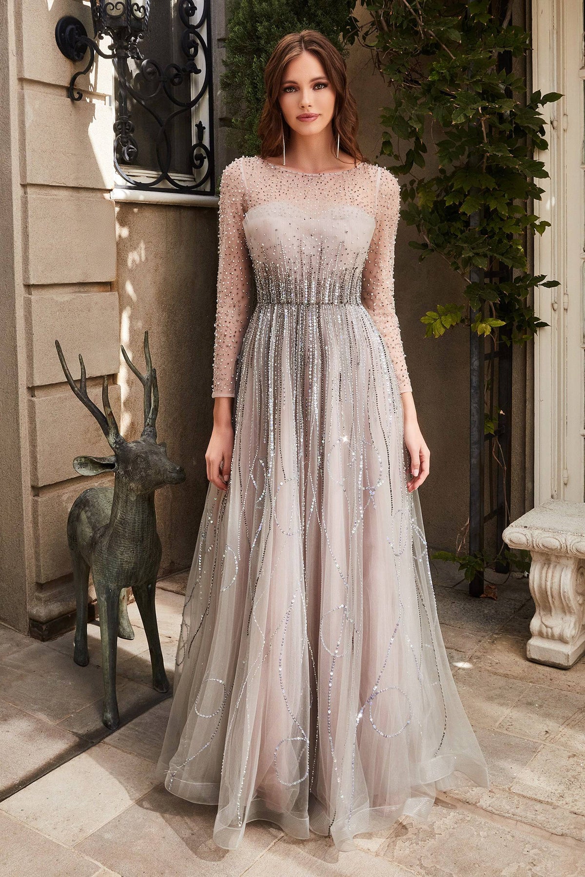 Pretty Shimmery Gown with Sheer Overlay and Deep Neckline #CDCD0152