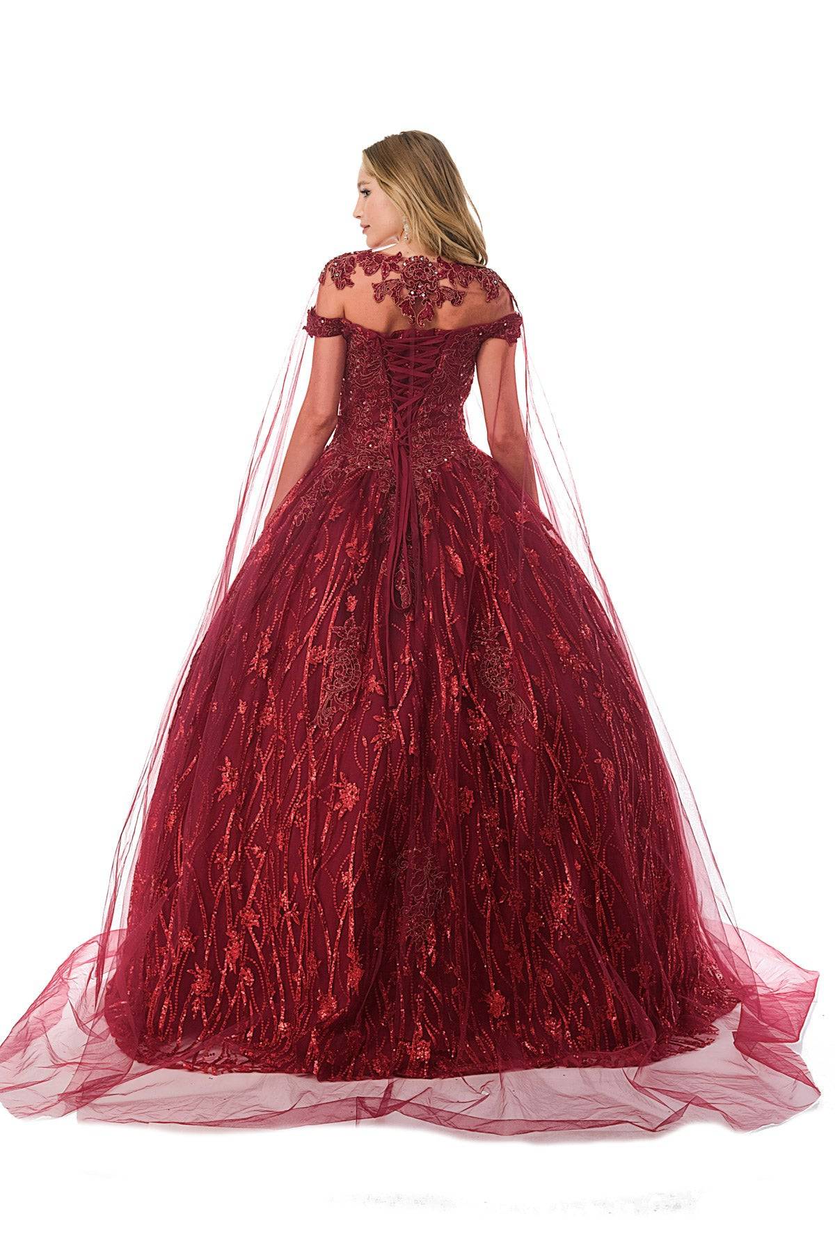 Aspeed L2804C Floral & Sequin Burgundy Ball Gown | 3 Colors