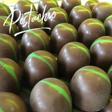 Photo of lines of Pistachio belgian chocolates 