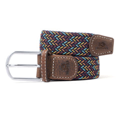 Photo of The New Orleans woven belt from Billybelt. It is a dark navy is turquoise, burgundy, yellow and orange flecks.