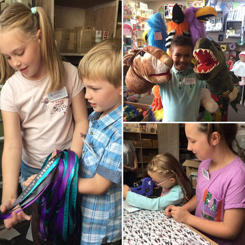 compilation of three photos. One shows two girls pricing cards. Another is a boy holding two hand dinosaur puppets and the other is a girl and younger boy printing ribbon.