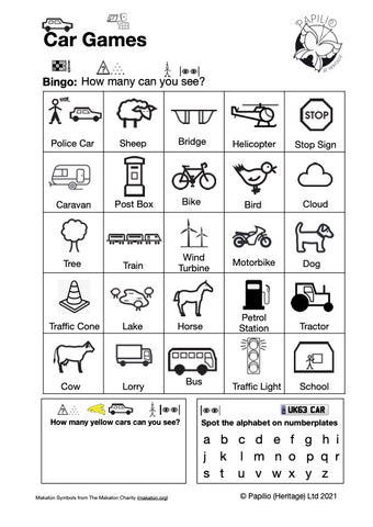 Worksheet for Car Bingo and other car journey games. All done using Makaton Symbols and in a Makaton Friendly way.