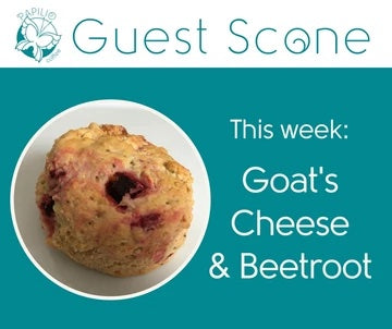 Graphic showing that the guest scone this week in PAPILIO coffee is Goat's Cheese & Beetroot
