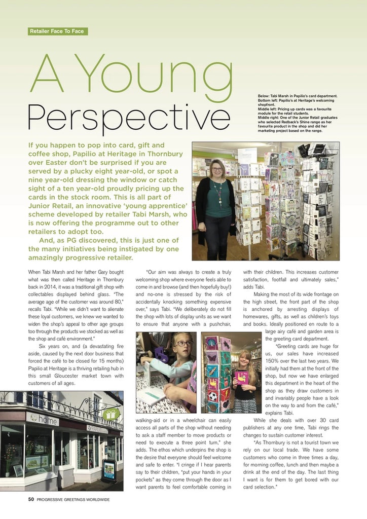 Copy of the first page of an article on Tabi and Papilio. The article highlights the huge changes Tabi has made to the shop and her initiatives such as Junior Retailer and being Makaton Friendly.