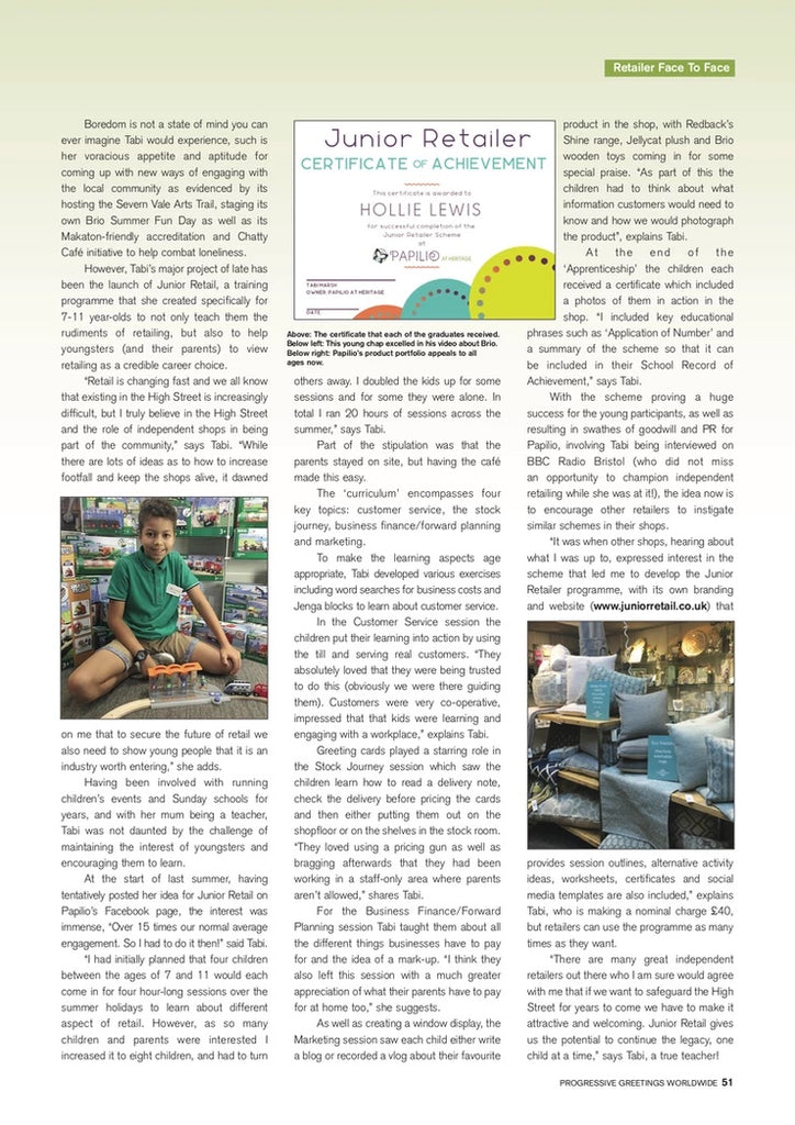 Copy of the second page of an article on Tabi and Papilio. The article highlights the huge changes Tabi has made to the shop and her initiatives such as Junior Retailer and being Makaton Friendly.