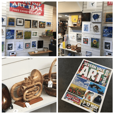 Selection of four photos showing paintings and sculptures that form part of the Severn Vale Art Trail.
