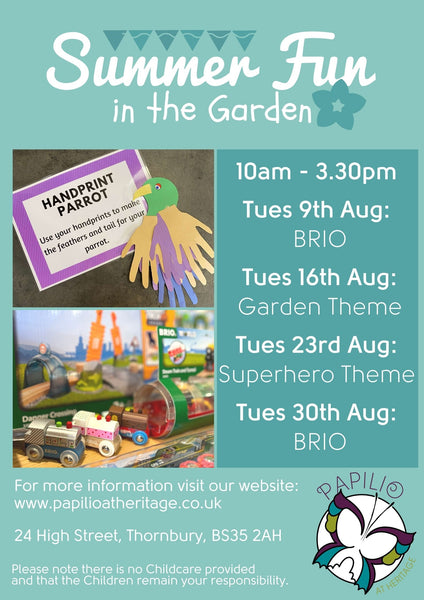 Photo of the Papilio Summer Fun in the Garden Flyer. It lists the dates and themes and has a photo of some BRIO and an example of one of the previous craft activities (a hand print parrot).