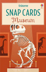 Image of the Usborne Museum Snap Cards box. The image is a t-rex dinosaur skeleton on a plinth.