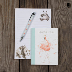 Photo of an A6 notebook with flamingo design, A5 panda jotter pad and flamingo pen. All from Wrendale designs.