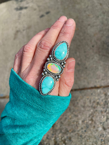 Triple Stone Blue Moon Turquoise + Opal Ring 