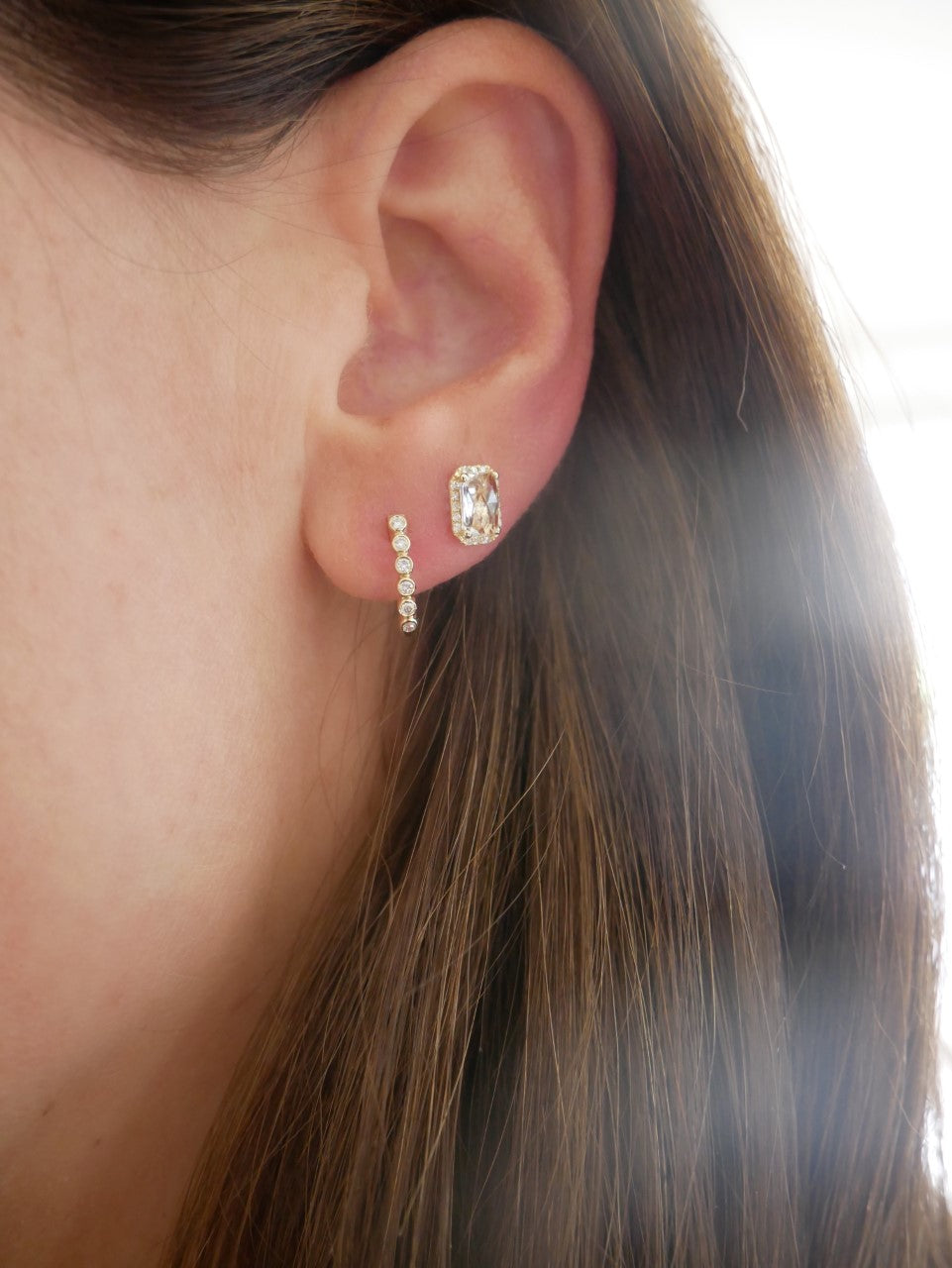 Diamond & White Topaz Emerald Cut Stud Earring